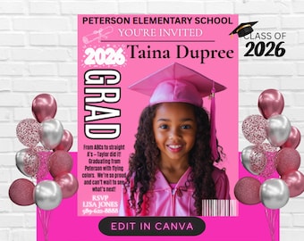 Child Graduation Template: Editable Canva Design, Pink Kindergarten invite