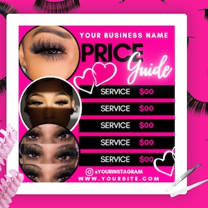 Op de afbeelding: Een roze en witte prijsgids voor wimperservices. De gids bevat afbeeldingen van ogen met lange wimpers en de tekst "PRICE Guide". De gids bevat een bedrijfsnaam, Instagram-handle en website.