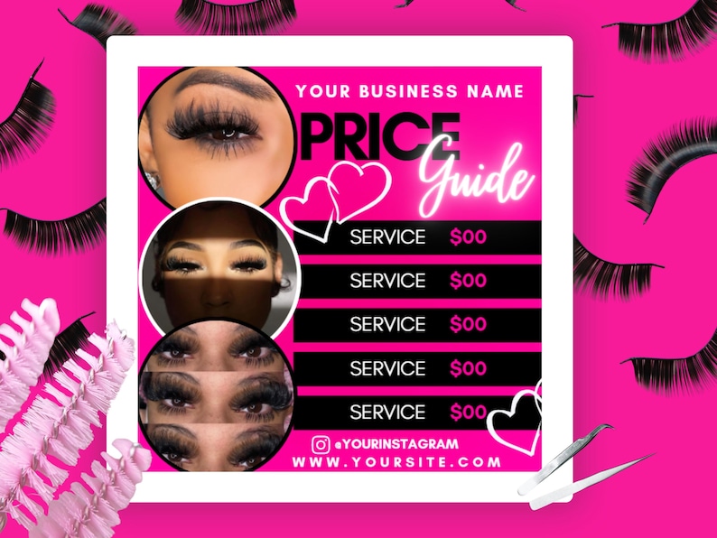 Bright pink lash price guide Canva template shown in a digital mockup with close-up lash extension photos and bold text displaying service prices. Features playful hearts, modern fonts, and space to add your business name, website, and Instagram handle. Perfect for lash artists promoting services on social media.