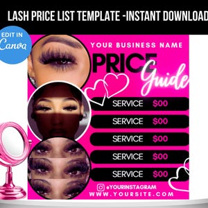 Puede incluir: Una plantilla de lista de precios digital de color rosa brillante para servicios de pestañas con tres marcos de fotos circulares que muestran ojos con extensiones, el texto PRICE GUIDE, dos corazones y espacios para nombre y web.