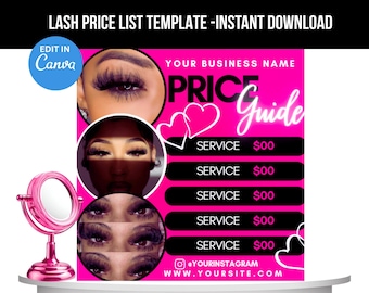 Lash Price List Template, Instagram Canva Flyer, Pink Beauty Salon Service Menu