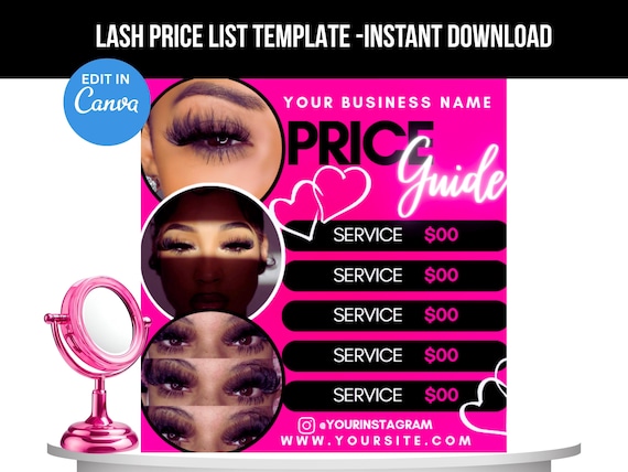 Lash Price List Template, Instagram Canva Flyer, Pink Beauty Salon Service Menu