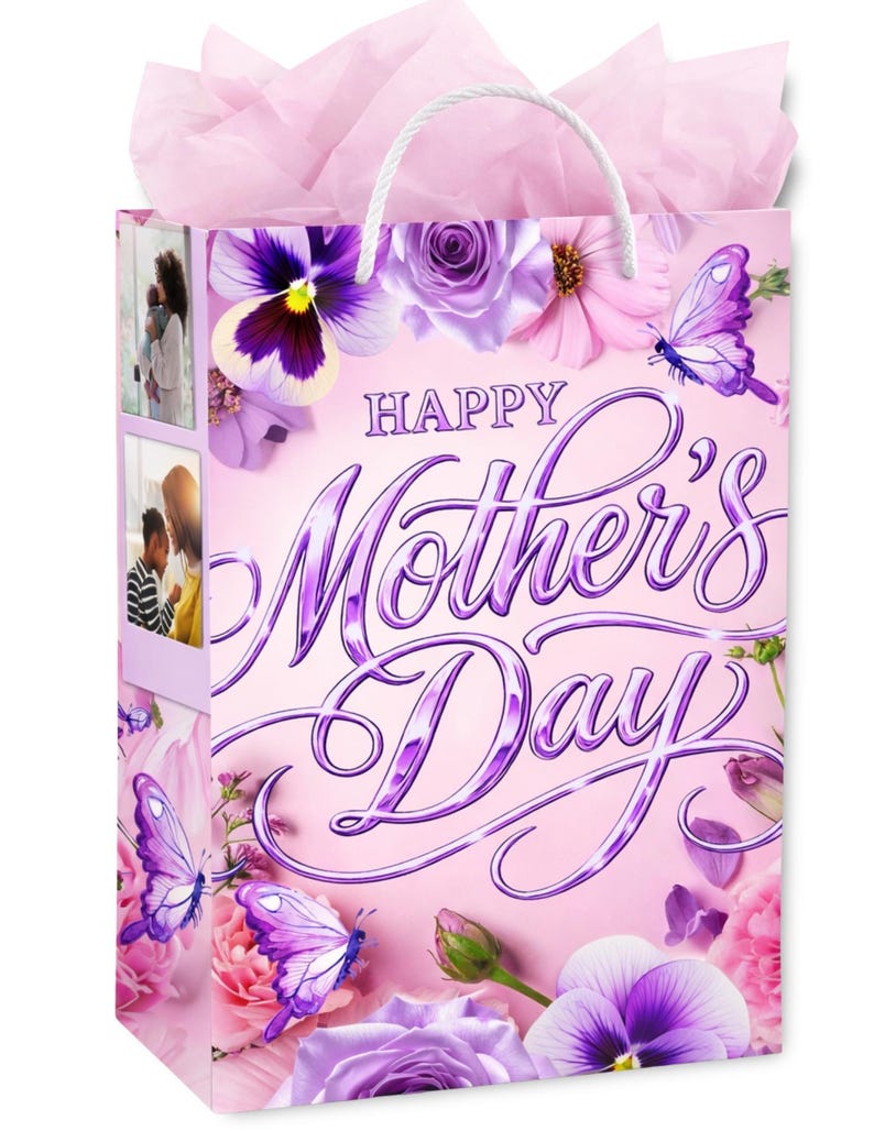 Editable Mother’s Day gift bag template designed for printable sticker and easy customization in Canva. Mother’s Day gift bag sticker template shown applied to a bag, perfect for DIY personalized gifts. Canva Mother’s Day template preview for creating custom gift bag stickers to decorate any bag. Printable Mother’s Day gift bag design mockup featuring a sticker label placed on a gift bag for a handmade touch. Mother’s Day gift bag sticker template for quick and easy customization. Canva Design