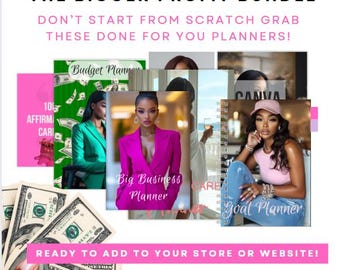 May include: A digital product bundle with a pink, green, and blue color scheme. The bundle includes planners for budgeting, business, and goal setting. The text "The Bigger Profit Bundle" and "Don't Start From Scratch Grab These Done For You Planners!" is displayed in pink text. The text "Ready To Add To Your Store Or Website!" is displayed in white text. The text "MMR Digital Product" is displayed in black text.