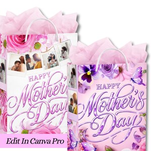 Editable Mother’s Day gift bag template designed for printable sticker and easy customization in Canva. Mother’s Day gift bag sticker template shown applied to a bag, perfect for DIY personalized gifts. Canva Mother’s Day template preview for creating custom gift bag stickers to decorate any bag. Printable Mother’s Day gift bag design mockup featuring a sticker label placed on a gift bag for a handmade touch. Mother’s Day gift bag sticker template for quick and easy customization. Canva Design