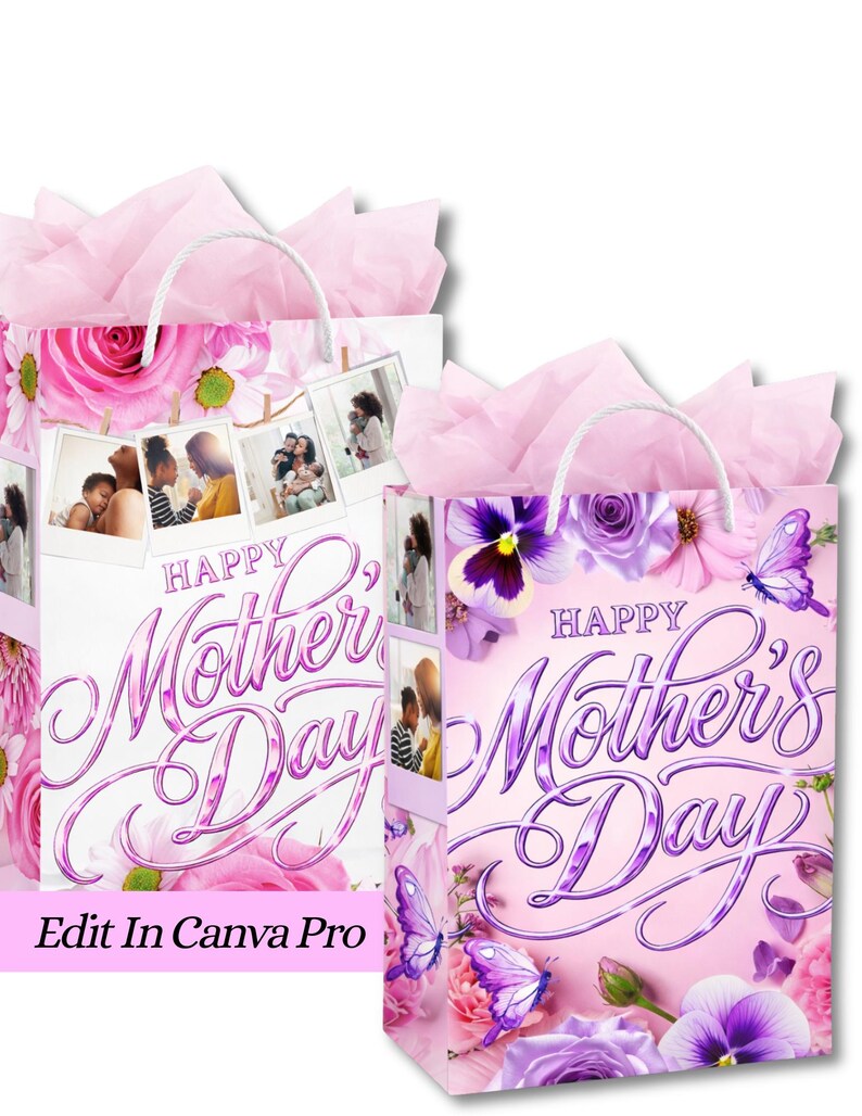 Editable Mother’s Day gift bag template designed for printable sticker and easy customization in Canva. Mother’s Day gift bag sticker template shown applied to a bag, perfect for DIY personalized gifts. Canva Mother’s Day template preview for creating custom gift bag stickers to decorate any bag. Printable Mother’s Day gift bag design mockup featuring a sticker label placed on a gift bag for a handmade touch. Mother’s Day gift bag sticker template for quick and easy customization. Canva Design