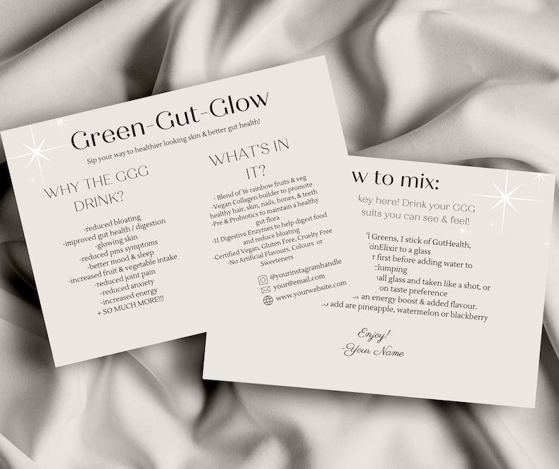 K&ouml;nnte beinhalten: Zwei Karten mit hellbeigem Hintergrund und schwarzem Text. Die Karte links tr&auml;gt den Titel "Green-Gut-Glow" und listet die Vorteile eines "GGG Drinks" auf. Die Karte rechts tr&auml;gt den Titel "w to mix" und enth&auml;lt Anweisungen zum Mischen des Getr&auml;nks. Beide Karten zeigen ein Sternburst-Design.