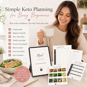May include: A digital meal planner set featuring a tablet displaying 'Meal Planner' by M. Thrivewell, Author, alongside printed sheets for a weekly meal plan, grocery list, macro calculator, and a clean keto foods guide with food images.