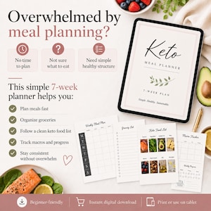 May include: A digital Keto Meal Planner displayed on a tablet screen with printed pages showing a weekly meal plan, grocery list, food list with images, and a macro tracker. The text reads Overwhelmed by meal planning and 7-week plan.