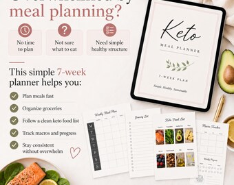 Keto Meal Planner for Beginners, Simple 7 Week Low Carb Planner, Grocery List, Macro Tracker, Healthy Reset Gift PDF