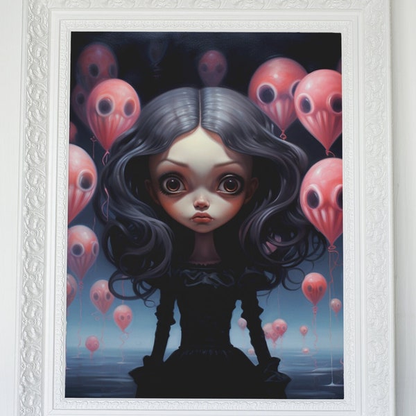 Pop Surrealism Girl painting - big eyes girl, creepy cute art, lowbrow art, digital painting, illustration, gift for her, goth girl art