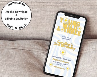 Retro Young Wild & Three Birthday Invitation | Mobile Template (Digital Download)