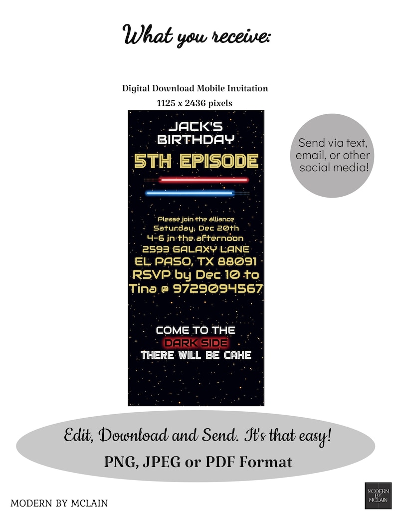 May include: A digital invitation for a 5th birthday party with a Star Wars theme. The invitation features a black background with red and blue lightsabers, a galaxy background, and the text "Jack's Birthday 5th Episode". The invitation also includes the text "Come to the Dark Side There Will Be Cake".
