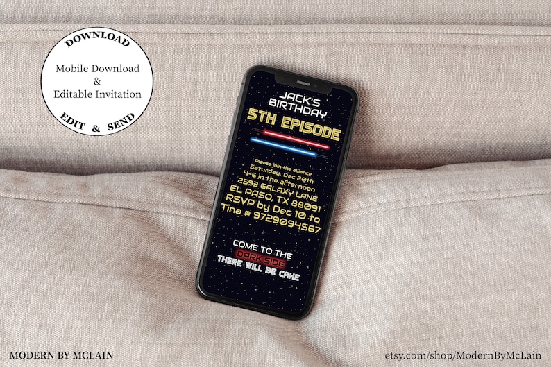 May include: A mobile phone screen displaying a Star Wars themed birthday invitation for a 5th birthday party. The invitation features a black background with red and blue lightsabers, and the text "Jack's Birthday 5th Episode". The invitation includes the date, time, location, and RSVP information. The text "Come to the Dark Side There Will Be Cake" is at the bottom of the invitation.