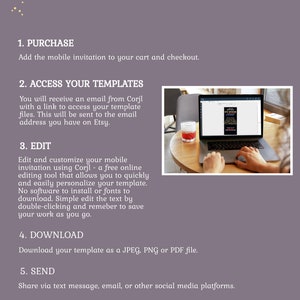 May include: How to use a mobile invitation template. The image shows a laptop screen with a mobile invitation template open in the Corjl editor. The text on the screen reads "Edit & Customize".