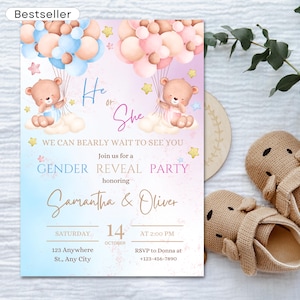 Modello di invito per rivelazione del sesso del bambino con orsacchiotto / Invito per baby shower rosa e azzurro / Invito modificabile per la futura mamma / Download immediato