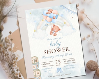 Bearbeitbare Teddybär-Babyparty-Einladungsvorlage (digital)