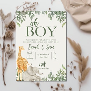Invitation baby shower Safari Adventure : modèle imprimable modifiable avec girafe et éléphant