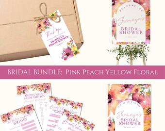 Pink, Peach, Yellow Floral Bridal Shower Invitation Bundle, Printable and Editable Colorful Spring Summer Floral Bridal Invitation