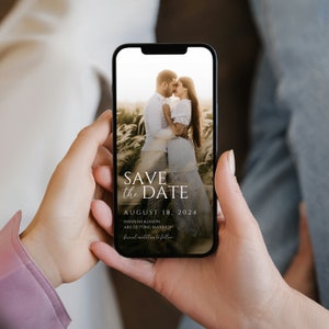 Modèle numérique moderne et minimaliste « Retenez la date » avec photo pour faire-part de mariage sur smartphone