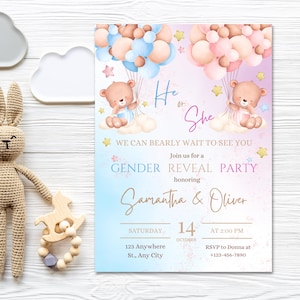 Faire-part révéler le sexe d'un ours en peluche : motif aquarelle (téléchargement numérique, modèle Canva 5 x 7 po.)