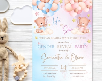 Teddy Bear Gender Reveal Invitation: Watercolor Design (Digital Download, 5x7 in Canva Template)