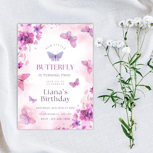 Purple Butterfly Birthday Invitation: Editable Boho Template (Canva, 5x7 inches)
