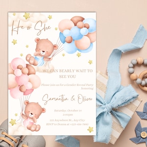 Plantilla de invitación para revelar el género de un osito de peluche para una fiesta de baby shower