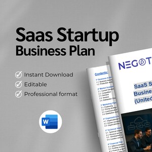 Puede incluir: Un plan de negocios titulado "SaaS Startup Business Plan (Estados Unidos)" con el logotipo "NEGOTYUM". El documento se anuncia como descarga instantánea, editable y en formato profesional. La imagen también incluye un icono de Microsoft Word.