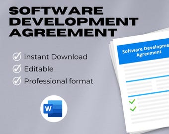 May include: A pile of white paper documents with the text "Software Development Agreement" in blue. The image also includes the text "Instant Download", "Editable", and "Professional format". A Microsoft Word logo is also present.
