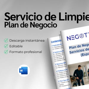 Op de afbeelding: Een Spaanse businessplan sjabloon getiteld "Servicio de Limpieza Plan de Negocio" voor schoonmaakdiensten in Spanje. De afbeelding toont het "NEGOTYUM" logo en een Word document icoon, met tekst die direct downloaden en bewerkbaar formaat aangeeft.