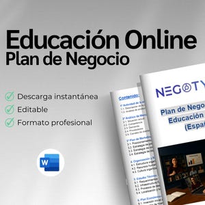 May include: A digital business plan template titled "Educación Online Plan de Negocio" in Spanish. The document is labeled "Plan de Negocio para Educación Online (España)" and includes a screenshot of a video conference. The template is editable and available for instant download.