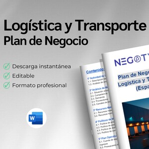 May include: A business plan in Spanish, titled "Logística y Transporte Plan de Negocio". The cover shows a sunset over a loading dock. The plan is described as instantly downloadable, editable, and in a professional format.