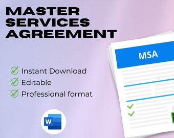May include: A pile of white documents with a blue header reading "MSA" against a gradient backdrop. The words "MASTER SERVICES AGREEMENT" are at the top. Text includes "Instant Download," "Editable," and "Professional format."