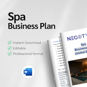 May include: A business plan titled "Spa Business Plan (United States)" with the logo of "NEGOTYUM". The document includes a photo of a spa. The words "Instant Download", "Editable", and "Professional format" are also visible.