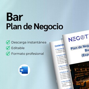 May include: A business plan template for a bar in Spain, with the title "Plan de Negocio para Bar (España)". The document is labeled "NEGOTYUM" and includes the words "Editable" and "Instant Download". A Word document icon is also visible.