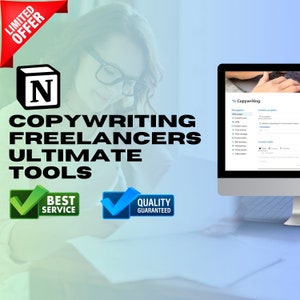 Pode incluir: Um ecrã de computador a mostrar um sítio Web com o texto "Copywriting" e uma lista de opções de navegação e projetos atuais. O sítio Web é concebido para redatores independentes. A imagem também inclui uma marca de verificação verde com o texto "Melhor serviço" e uma marca de verificação azul com o texto "Qualidade garantida".