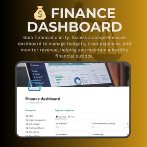 May include: A screenshot of a computer screen displaying a finance dashboard with a navigation menu and expense categories. The dashboard is designed to help users manage budgets, track expenses, and monitor revenue.