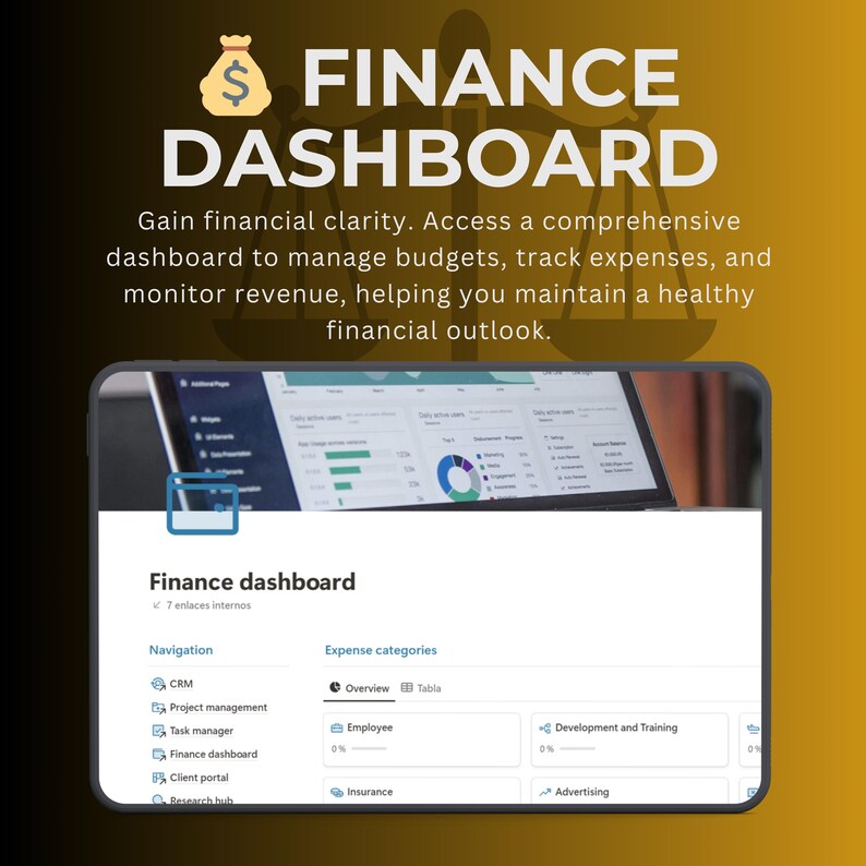 May include: A screenshot of a computer screen displaying a finance dashboard with a navigation menu and expense categories. The dashboard is designed to help users manage budgets, track expenses, and monitor revenue.