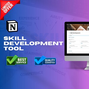 May include: A computer screen displaying a skill development tool with a list of skills to develop, including effective communication, social responsibility, and continuous learning. The screen is on a desk with a purple and blue background. The text "Skill Development Tool" is displayed in large, bold letters on the screen.