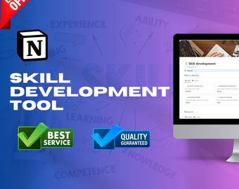 May include: A computer screen displaying a skill development tool with a list of skills to develop, including effective communication, social responsibility, and continuous learning. The screen is on a desk with a purple and blue background. The text "Skill Development Tool" is displayed in large, bold letters on the screen.