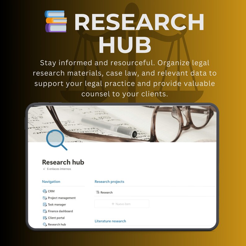 May include: A computer screen displaying a website called "Research Hub". The website is designed to help legal professionals organise research materials, case law, and relevant data. The website features a navigation menu with options for CRM, project management, task manager, finance dashboard, client portal, and research hub. The website also features sections for research projects and literature research.