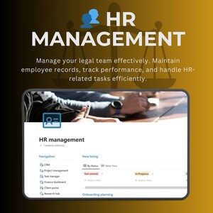 May include: A screenshot of a computer screen displaying a software program for managing human resources. The program features a menu with options for CRM, project management, task manager, finance dashboard, client portal, and research hub. The program also includes sections for new hiring and onboarding planning.