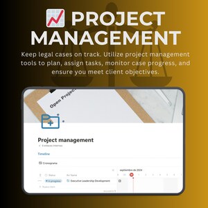 May include: A screenshot of a project management software interface with a timeline and a task titled "Executive Leadership Development" in progress. The software is displayed on a tablet device with a wooden background.
