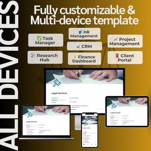 May include: A mockup of a website design for legal services displayed on a laptop, tablet, and smartphone. The website design is fully customisable and can be used on multiple devices. The website features a navigation bar, a section for current projects, and a section for legal services.