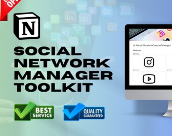 May include: A computer screen displaying a social media management tool with the text "Social Network Content Manager" and icons for Instagram and YouTube. The screen is on a desktop computer with a black frame. The text "Social Network Manager Toolkit" is displayed in large black letters on a blue and green background. The text "Limited Offer" is displayed in red letters on a white background. The text "Best Service" and "Quality Guaranteed" are displayed in green and blue checkmarks.