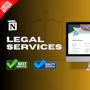 May include: A computer screen displaying a website for legal services. The website has a navigation menu with options for "Main pages", "CRM", "Project management", "Task manager", "Finance dashboard", and "Client portal". The website also has a section for "Current projects" with options for "In progress", "Corporate M&A", "Legal Assistance", and "Other projects". The website is on a computer screen with a gold background. The text "LEGAL SERVICES" is in large white letters on the left side of the image. There are two green check marks with the text "BEST SERVICE" and two blue check marks with the text "QUALITY GUARANTEED" on the left side of the image.