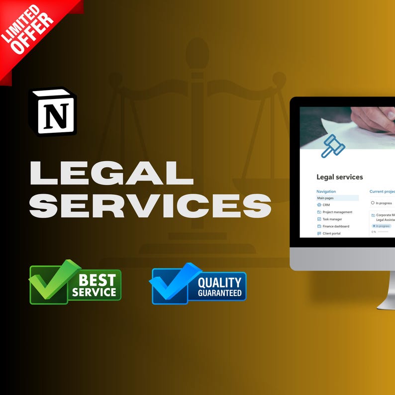 May include: A computer screen displaying a website for legal services. The website has a navigation menu with options for "Main pages", "CRM", "Project management", "Task manager", "Finance dashboard", and "Client portal". The website also has a section for "Current projects" with options for "In progress", "Corporate M&A", "Legal Assistance", and "Other projects". The website is on a computer screen with a gold background. The text "LEGAL SERVICES" is in large white letters on the left side of the image. There are two green check marks with the text "BEST SERVICE" and two blue check marks with the text "QUALITY GUARANTEED" on the left side of the image.