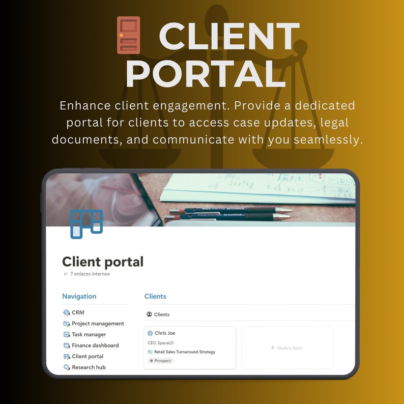 May include: A screenshot of a client portal website with a navigation menu on the left and a list of clients on the right. The navigation menu includes options for CRM, project management, task manager, finance dashboard, client portal, and research hub. The client list includes names and titles of clients, such as Chris Joe, CEO, SpaceLO.