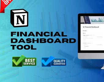 May include: A blue and green graphic with the text "LIMITED OFFER" in a red banner. A white square with the letter "N" in black. The text "FINANCIAL DASHBOARD TOOL" in white. Two green check marks with the text "BEST SERVICE" and "QUALITY GUARANTEED". A computer screen displaying a financial dashboard with the text "If Financial Dashboard" and "Income".